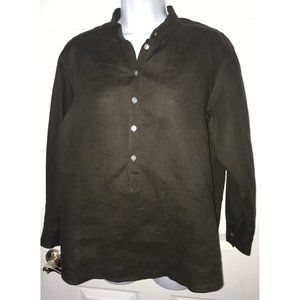 John Patrick 100% Linen Brown Tunic Popover Banded Collar Sz SMALL EUC